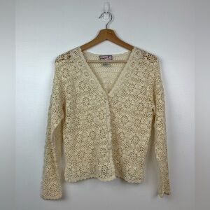 April Cornell Trading Cropped Cardigan Crochet Ivory Beige Vtg Y2K 2000 Sz Small